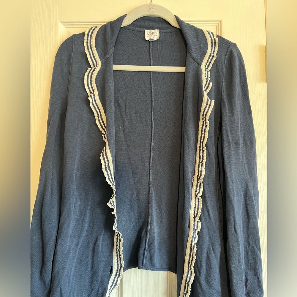 Navy Armani cardigan with ruffle lapel
